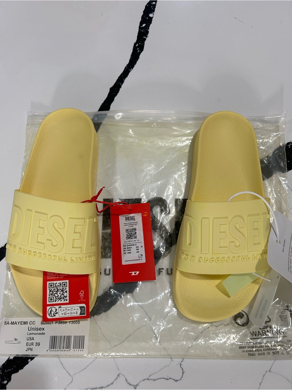 Diesel Yellow Slide Sandals with Red Tag